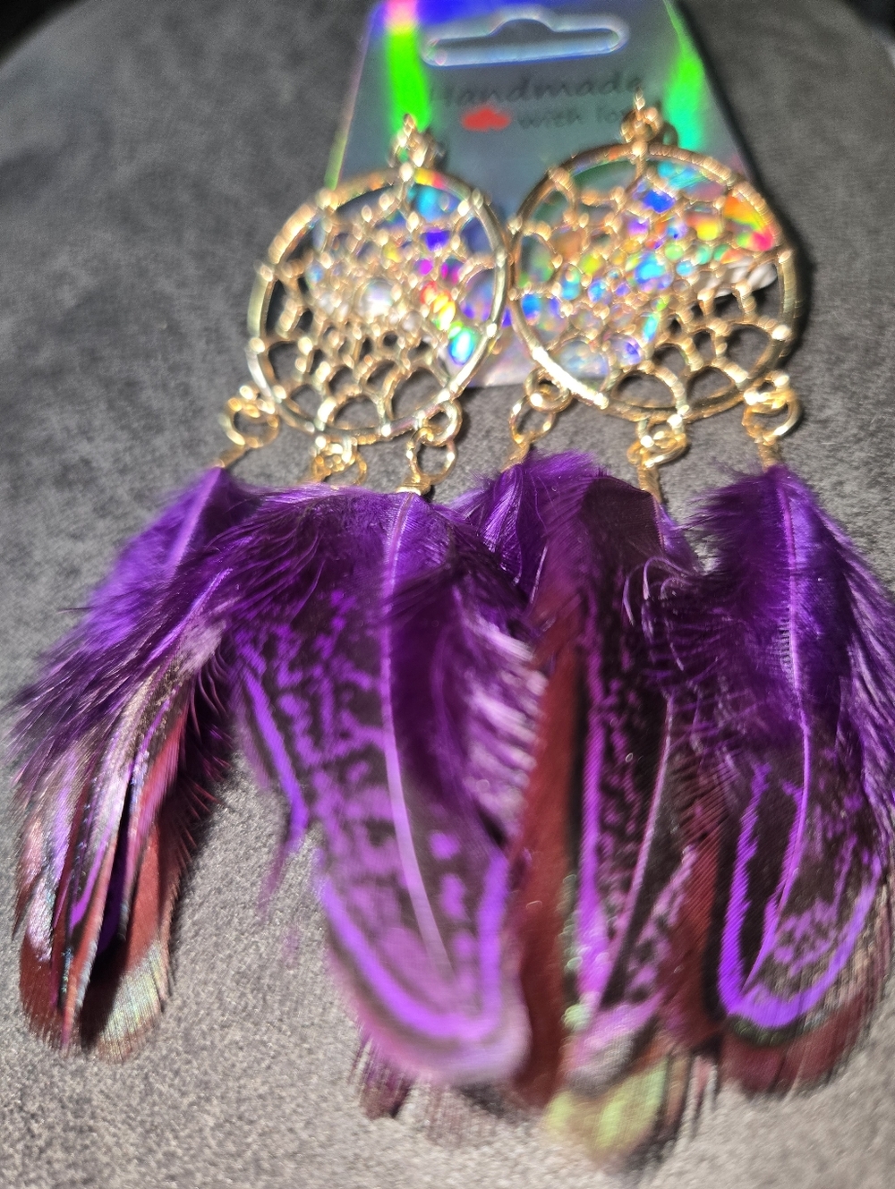 Purple Feather Dreamcatcher Earrings – Handmade Boho Chic Gift for Her 254 - Picture 4 of 7